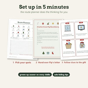 May include: A Christmas treasure hunt game kit featuring a Route Planner sheet, a letter from Pip Snowberry, and four clue cards with illustrations. The text includes Set up in 5 minutes, the route planner does the thinking for you, and instructions for picking spots, handing over the letter, and following clues.
