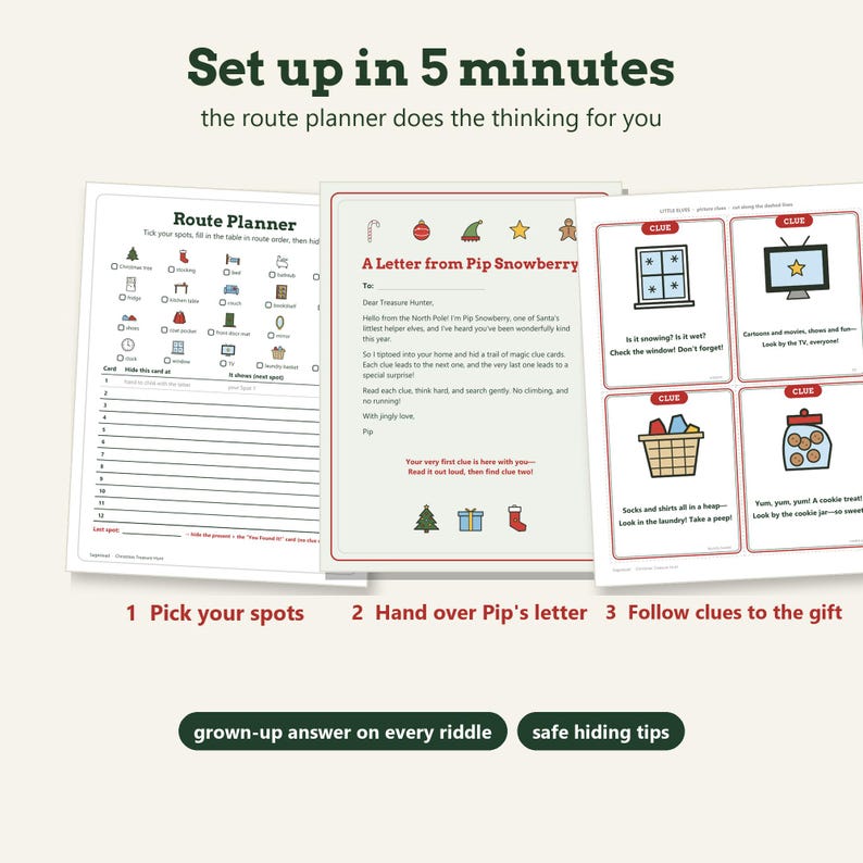 May include: A Christmas treasure hunt game kit featuring a Route Planner sheet, a letter from Pip Snowberry, and four clue cards with illustrations. The text includes Set up in 5 minutes, the route planner does the thinking for you, and instructions for picking spots, handing over the letter, and following clues.