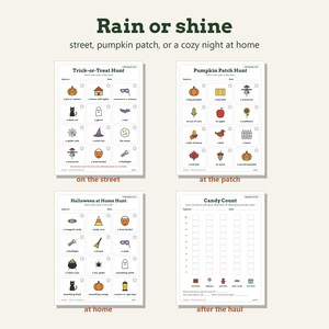 May include: Four printable activity sheets for children featuring Halloween themes. The pages include a Trick-or-Treat Hunt, Pumpkin Patch Hunt, Halloween at Home Hunt, and a Candy Count chart, all with colorful icons and text labels.