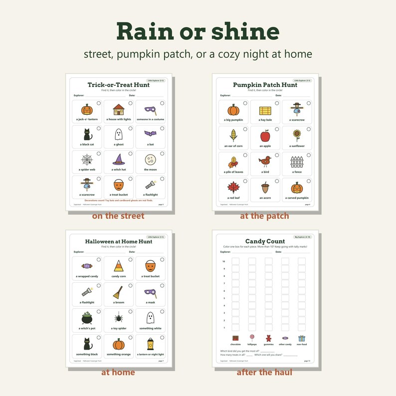 May include: Four printable activity sheets for children featuring Halloween themes. The pages include a Trick-or-Treat Hunt, Pumpkin Patch Hunt, Halloween at Home Hunt, and a Candy Count chart, all with colorful icons and text labels.
