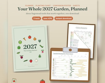 Garden Planner 2027 Bundle, Vegetable Planting Chart Spreadsheet + Poster, Companion Planting Chart, Printable Garden Journal, Letter A4