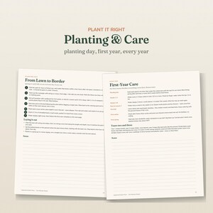 May include: Two pages of a gardening guide titled Plant It Right Planting & Care. The left page details From Lawn to Border steps, while the right page outlines First-Year Care and Years two and three. Both pages include lined notes sections.