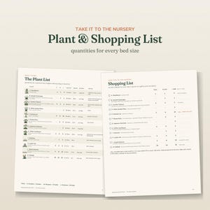May include: A two-page document titled Take It To The Nursery Plant & Shopping List, featuring tables with plant names, quantities for various bed sizes, heights, spacing, bloom times, and notes for gardening planning on a light background.