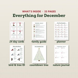 May include: A 33-page printable set titled Everything for December, featuring 24 day cards, a family guide, a monthly planner, a bird and tree identification sheet, a countdown tree graphic, and a nature journal for daily activities.