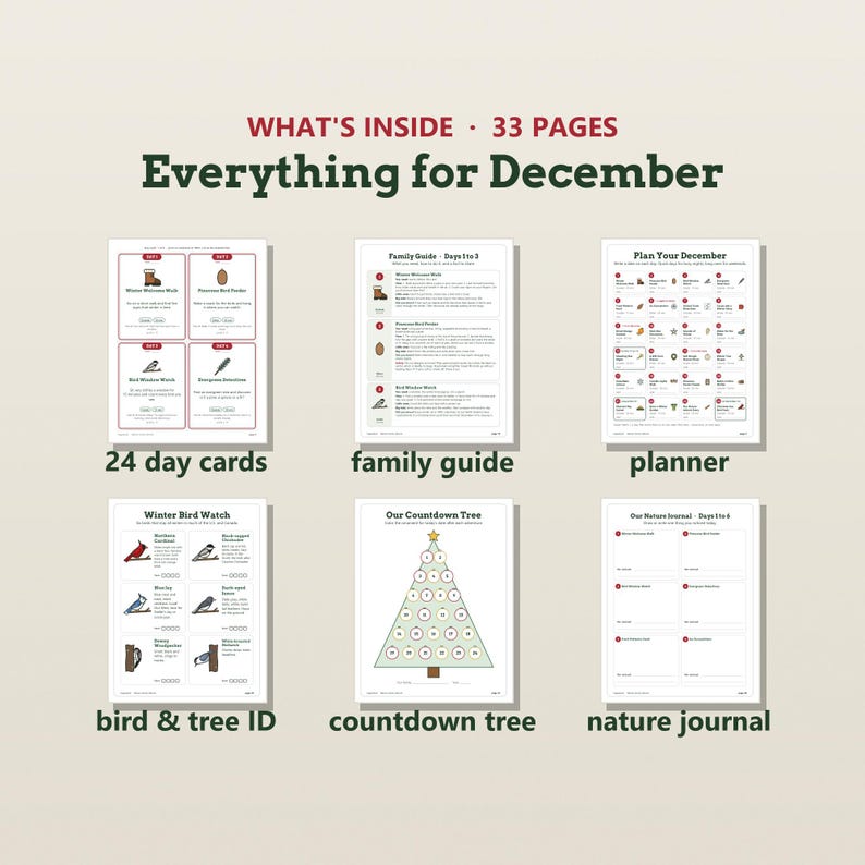May include: A 33-page printable set titled Everything for December, featuring 24 day cards, a family guide, a monthly planner, a bird and tree identification sheet, a countdown tree graphic, and a nature journal for daily activities.