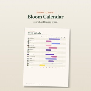 May include: A white paper Bloom Calendar titled Spring to Frost, featuring a list of plants labeled A through N with corresponding colored horizontal bars indicating bloom months from March to October, and text see what flowers when.