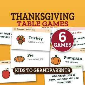 K&ouml;nnte beinhalten: Ein Set von Thanksgiving-Tischspielkarten mit Illustrationen und Textaufforderungen. Die Karten enthalten Scharaden und Gespr&auml;chsstarter mit Symbolen von Truthahn, Kuchen, K&uuml;rbis und Apfel. Ein rotes Abzeichen zeigt 6 GAMES.