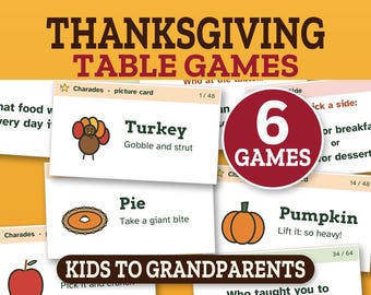 Thanksgiving Games Bundle for Kids and Adults, Printable Charades, Trivia, Conversation Cards, Gratitude Dice