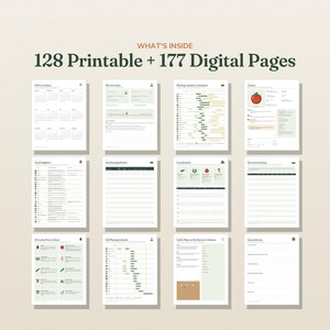 May include: A digital garden planner set featuring 128 printable and 177 digital pages. The layout displays twelve distinct document templates including calendars, planting schedules, crop rotation charts, and plant care logs with icons and text.