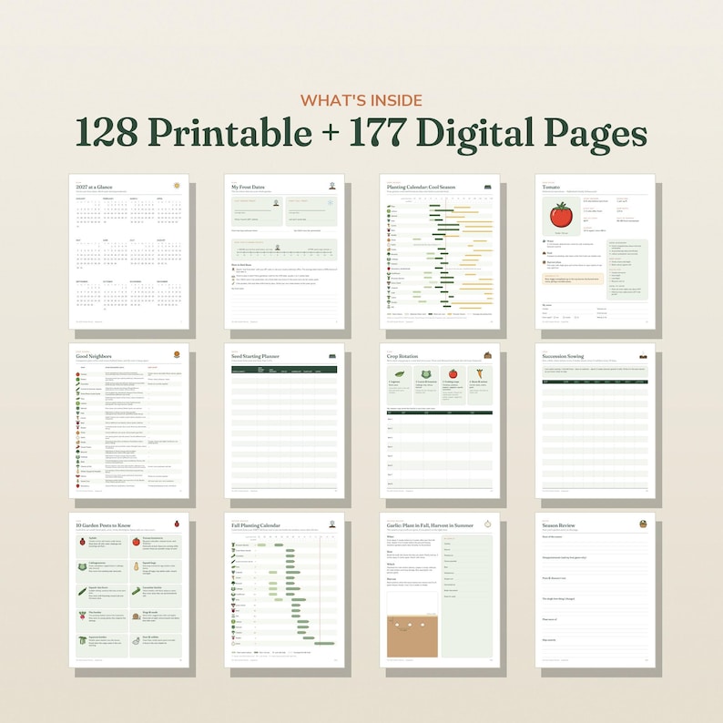 May include: A digital garden planner set featuring 128 printable and 177 digital pages. The layout displays twelve distinct document templates including calendars, planting schedules, crop rotation charts, and plant care logs with icons and text.