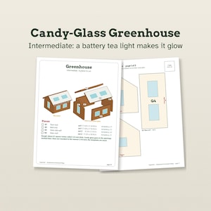 May include: A Candy-Glass Greenhouse instructional guide featuring diagrams for a gingerbread structure. The pages display labeled pieces G1 through G4, assembly instructions, and a 1 inch check box for scale, noting a battery tea light makes it glow.