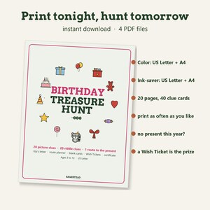 May include: A digital birthday treasure hunt game kit featuring the text 'BIRTHDAY TREASURE HUNT' surrounded by colorful icons like a cake, gift, and raccoon. The document includes 20 picture clues, 20 riddle clues, and a route planner for ages 3 to 12.