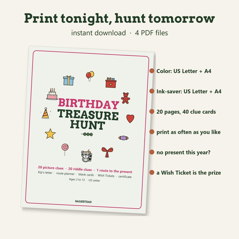 May include: A digital birthday treasure hunt game kit featuring the text 'BIRTHDAY TREASURE HUNT' surrounded by colorful icons like a cake, gift, and raccoon. The document includes 20 picture clues, 20 riddle clues, and a route planner for ages 3 to 12.