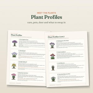 May include: Two pages of a document titled Meet the Plants Plant Profiles, care, pets, deer and what to swap in. The pages list eight plant profiles labeled A through H, each featuring a small color illustration of the plant and text details.