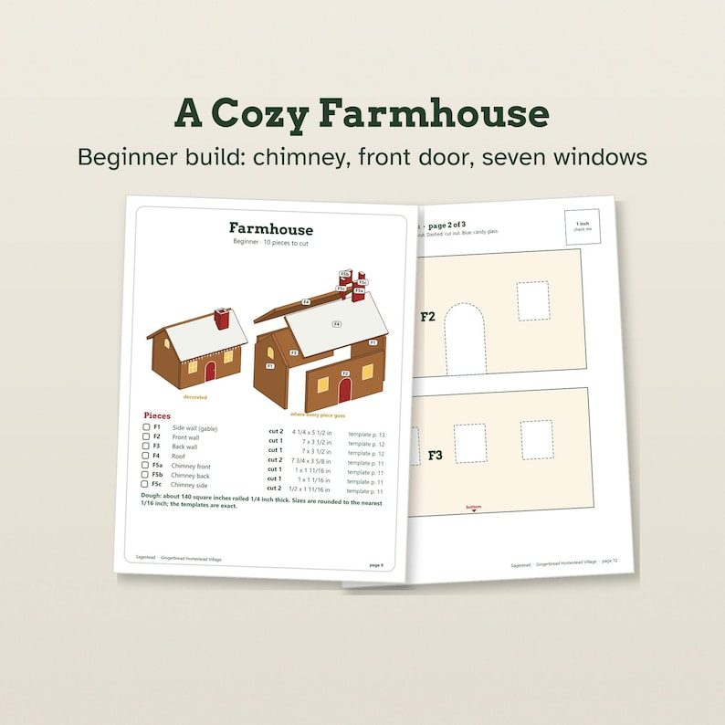 May include: A printed instructional guide titled A Cozy Farmhouse for a beginner build featuring a chimney, front door, and seven windows. The pages display diagrams of gingerbread house components labeled F1 through F5c with dimensions in inches.