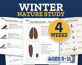 Winter Nature Study for Kids, True Size Animal Tracks, Winter Unit Study, Homeschool Printable