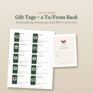 May include: A printable sheet of 12 dark green plant gift tags featuring illustrations of various plants and care instructions, alongside 8 blank tags with a red bow graphic and the text A LIVING GIFT for you, with love, To, and From.