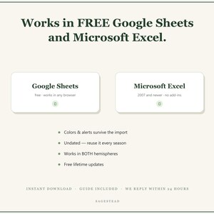 May include: A digital product information graphic with dark green text on a cream background. It states: Works in FREE Google Sheets and Microsoft Excel. Features include: Colours & alerts survive the import, Undated, Works in BOTH hemispheres, Free lifetime updates. Instant download, guide included, we reply within 24 hours, Sagestead.