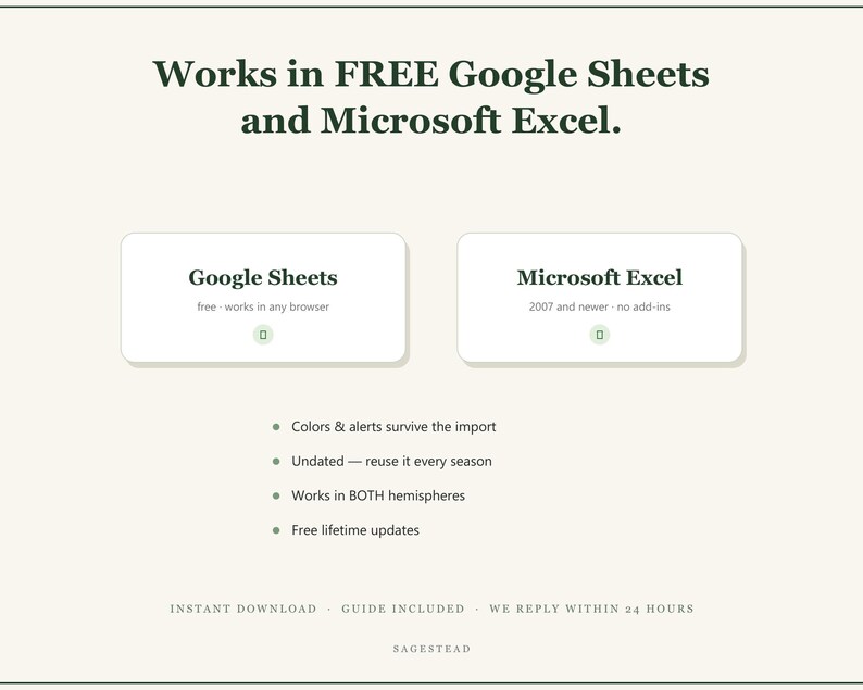 May include: A digital product information graphic with dark green text on a cream background. It states: Works in FREE Google Sheets and Microsoft Excel. Features include: Colours & alerts survive the import, Undated, Works in BOTH hemispheres, Free lifetime updates. Instant download, guide included, we reply within 24 hours, Sagestead.
