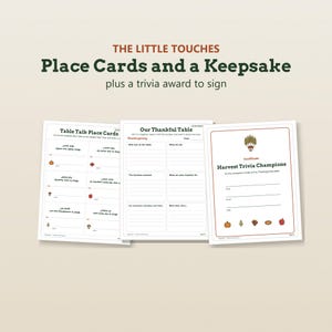 K&ouml;nnte beinhalten: Drei druckbare Bl&auml;tter f&uuml;r Thanksgiving: Tischkarten mit Gespr&auml;chsfragen, ein Our Thankful Table-Formular zum Ausf&uuml;llen und eine Harvest Trivia Champions-Urkunde mit Zeilen f&uuml;r Teamname, Punktzahl und Datum.