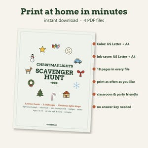 May include: A digital Christmas Lights Scavenger Hunt activity sheet featuring colorful icons like a snowman, star, and candy cane. The text reads Christmas Lights Scavenger Hunt, 3 picture hunts, 2 challenges, and Christmas lights bingo. It includes 4 PDF files in US Letter and A4 sizes.