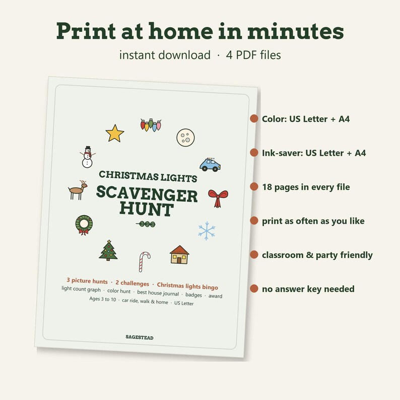 May include: A digital Christmas Lights Scavenger Hunt activity sheet featuring colorful icons like a snowman, star, and candy cane. The text reads Christmas Lights Scavenger Hunt, 3 picture hunts, 2 challenges, and Christmas lights bingo. It includes 4 PDF files in US Letter and A4 sizes.