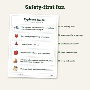 May include: A white informational sheet titled Explorer Rules with the header Safety-first fun. It lists six guidelines with icons: an eye, heart, plant, apple, leaves, and hand, accompanied by text instructions for outdoor nature exploration.