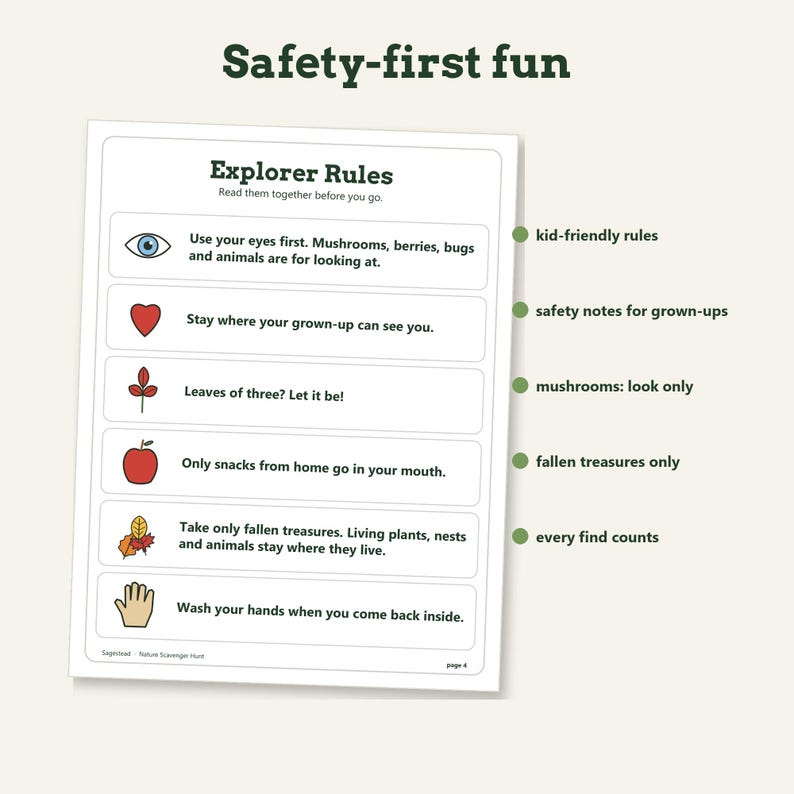 May include: A white informational sheet titled Explorer Rules with the header Safety-first fun. It lists six guidelines with icons: an eye, heart, plant, apple, leaves, and hand, accompanied by text instructions for outdoor nature exploration.