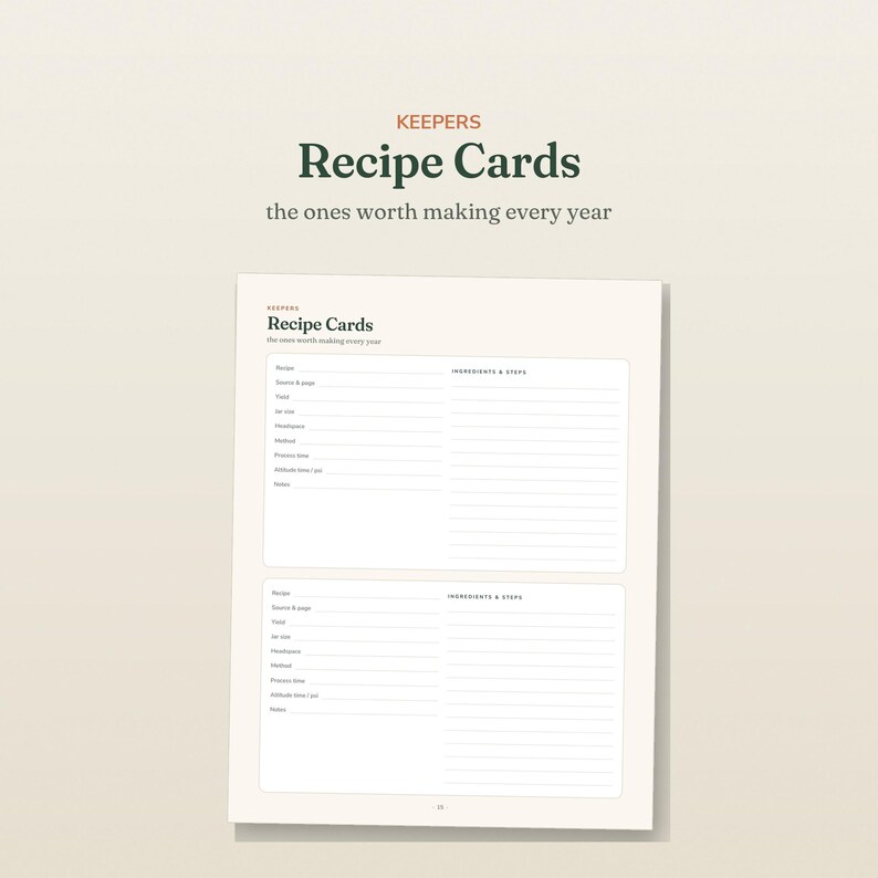 May include: A white paper sheet featuring two identical recipe card templates with dark green text. The header reads Keepers Recipe Cards the ones worth making every year. Each section includes lines for recipe, source, yield, time, method, and notes.