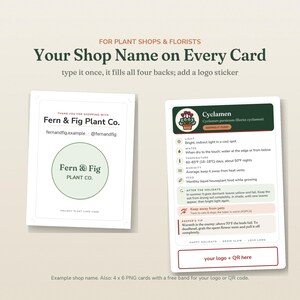 May include: Two rectangular plant care cards with white backgrounds and dark green text. The left card features the text Fern & Fig Plant Co. and a circular logo. The right card provides detailed Cyclamen care instructions and a space for a logo.