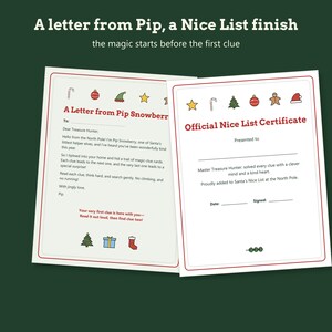 May include: Two white rectangular cards with red borders and holiday icons. One card is titled A Letter from Pip Snowberry, addressed to a Treasure Hunter. The other is an Official Nice List Certificate with lines for a name, date, and signature.