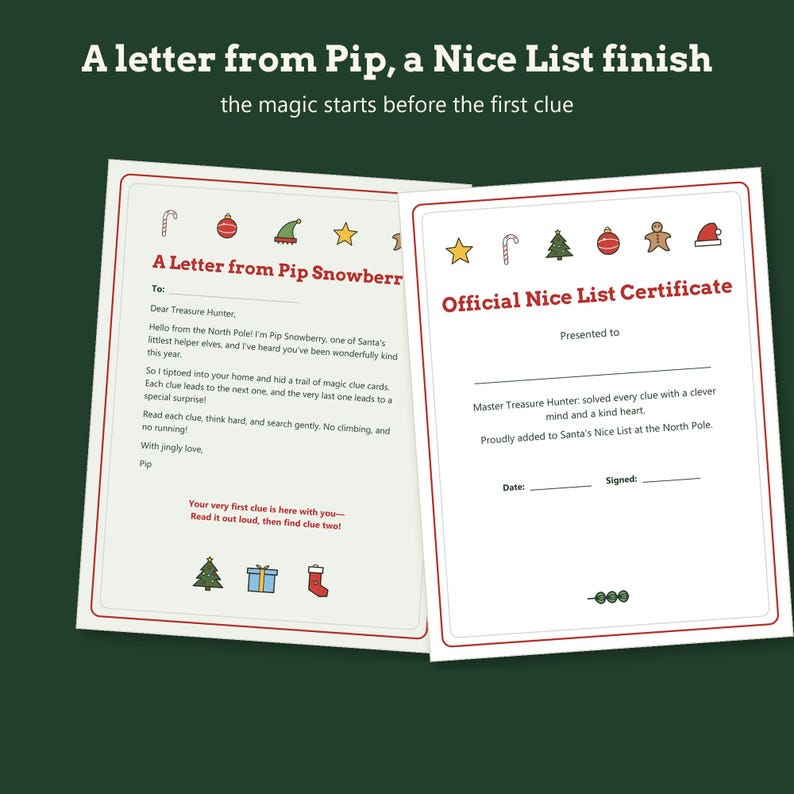 May include: Two white rectangular cards with red borders and holiday icons. One card is titled A Letter from Pip Snowberry, addressed to a Treasure Hunter. The other is an Official Nice List Certificate with lines for a name, date, and signature.