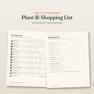 May include: A two-page document titled Take It To The Nursery Plant & Shopping List. The left page lists plants with height and spacing in inches. The right page provides a shopping list with columns for small, medium, and large bed sizes.
