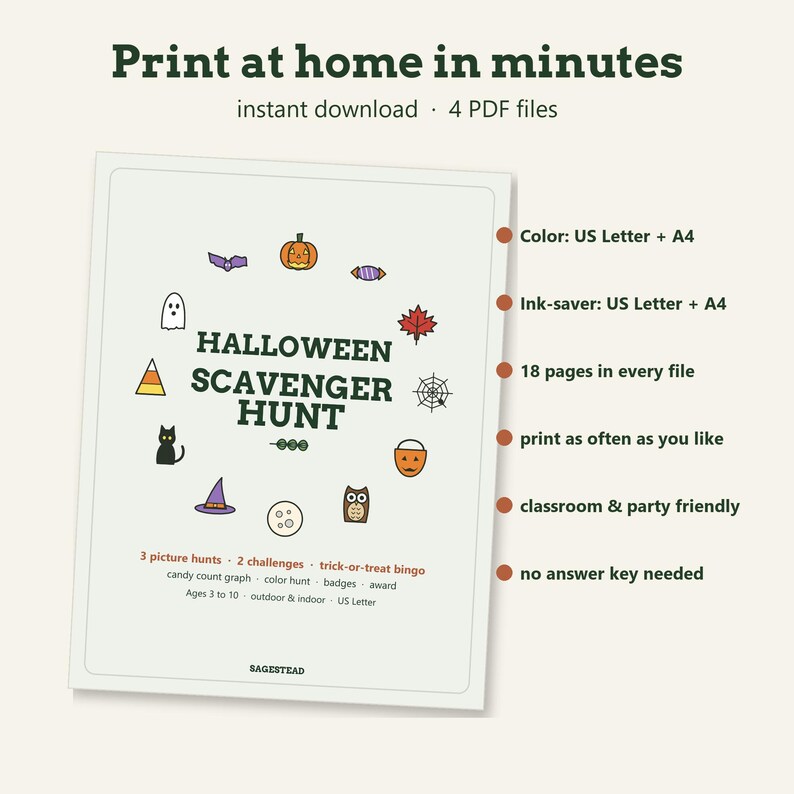 May include: A digital Halloween scavenger hunt activity sheet with the text HALLOWEEN SCAVENGER HUNT surrounded by small icons of a pumpkin, bat, candy, leaf, spider web, bucket, owl, moon, witch hat, cat, ghost, and candy corn on a white background.