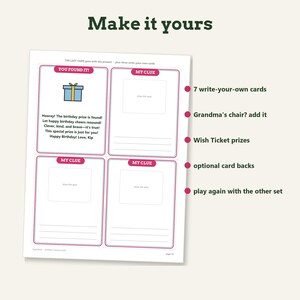 May include: A printable sheet featuring four rectangular cards with pink borders. One card shows a blue gift icon and text: YOU FOUND IT! Hooray! The birthday prize is found! Let happy birthday cheers resound! Clever, kind, and brave&mdash;it's true! This special prize is just for you! Happy Birthday! Love, Kip. Three cards are labeled MY CLUE with blank spaces for drawing and writing.