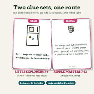 May include: Two rectangular game cards titled Two clue sets, one route. The left card features a fridge illustration and the text Brrr! It keeps the ice cream cold&mdash;Check its door&mdash;be brave and bold! The right card shows a raccoon and a riddle.