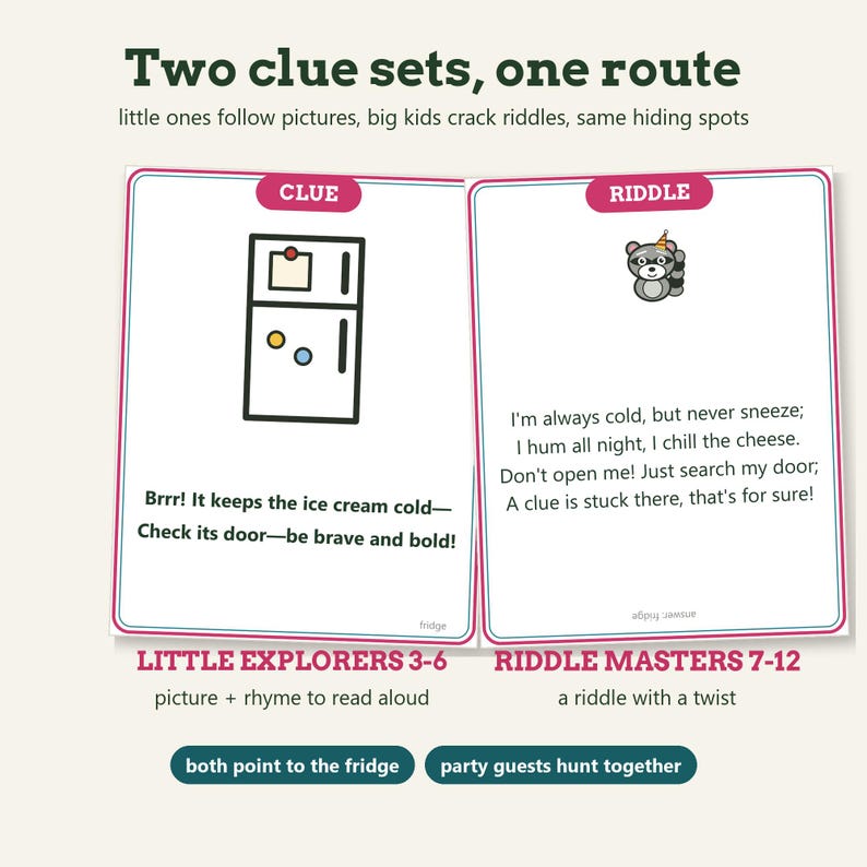 May include: Two rectangular game cards titled Two clue sets, one route. The left card features a fridge illustration and the text Brrr! It keeps the ice cream cold&mdash;Check its door&mdash;be brave and bold! The right card shows a raccoon and a riddle.