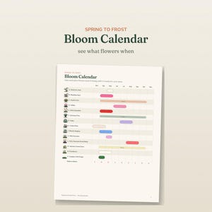 May include: A printed Bloom Calendar titled Spring to Frost, featuring a chart that tracks flowering times for various plants from March through November. The document includes small plant illustrations, color-coded bars, and text labels.