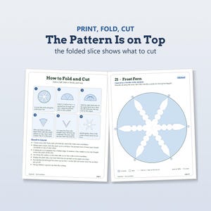 May include: A two-page instructional guide for paper snowflake crafting. The left page details folding and cutting steps with diagrams. The right page features a circular Frost Fern pattern template with blue shading and white cut-out lines.
