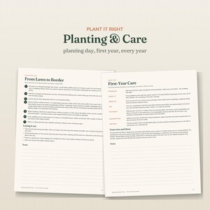 May include: Two open pages of a gardening guide titled Plant It Right Planting & Care. The left page details From Lawn to Border with numbered steps and a notes section. The right page outlines First-Year Care and Years two and three with notes.