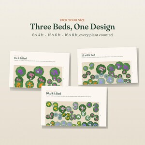 May include: A digital garden planning guide titled Three Beds, One Design, featuring three layout diagrams for 8x4 ft, 12x6 ft, and 16x8 ft beds. Each diagram displays color-coded plant groupings with numbered labels for planting arrangements.