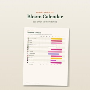 May include: A white paper Bloom Calendar chart titled Spring to Frost, see what flowers when. The grid lists various flowers from A to M with corresponding colored horizontal bars indicating bloom months from March through November on a light background.