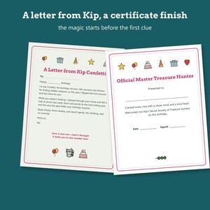 May include: Two printed documents with red borders and colorful icons. One is a letter from Kip Confetti with text about a birthday treasure hunt. The other is an Official Master Treasure Hunter certificate with blank lines for a name, date, and signature.