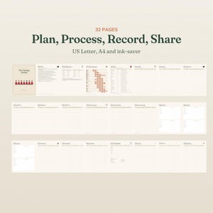 May include: A 32-page canning journal printable set featuring the text Plan, Process, Record, Share. The layout includes US Letter and A4 formats with various log sheets, recipe cards, and inventory trackers for organizing home food preservation.
