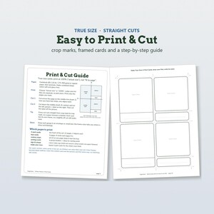 May include: A two-page printable guide featuring a Print & Cut Guide with instructions for card creation on the left and a template with four blank rectangular card frames and labels on the right, including crop marks and step-by-step text.