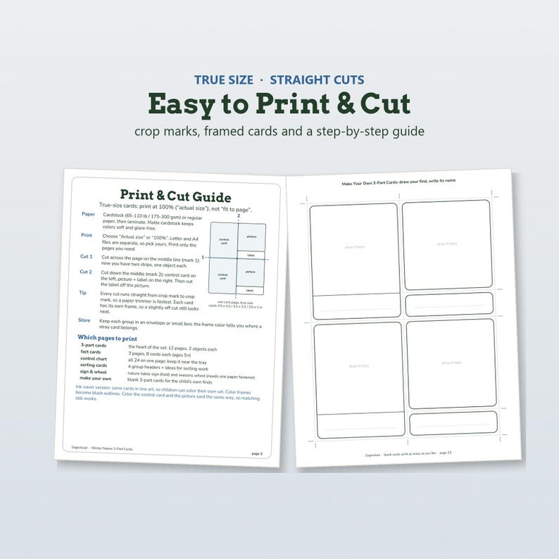 May include: A two-page printable guide featuring a Print & Cut Guide with instructions for card creation on the left and a template with four blank rectangular card frames and labels on the right, including crop marks and step-by-step text.