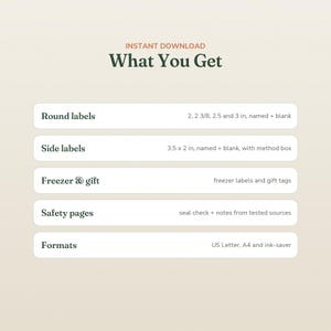 May include: A digital information graphic titled What You Get listing round labels in 2, 2 3/8, 2.5 and 3 inch sizes, side labels at 3.5 x 2 inches, freezer and gift labels, safety pages with seal check and notes, and US Letter, A4, and ink-saver formats.