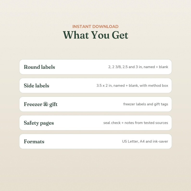 May include: A digital information graphic titled What You Get listing round labels in 2, 2 3/8, 2.5 and 3 inch sizes, side labels at 3.5 x 2 inches, freezer and gift labels, safety pages with seal check and notes, and US Letter, A4, and ink-saver formats.
