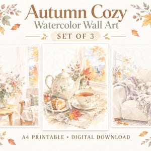 Autumn Watercolor Wall Art Set of 3: Cozy Tea, Flowers & Sleeping Cat, A4 Digital Prints