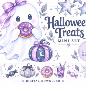 以下が含まれることがあります： 「Halloween Treats Mini Set」と題されたデジタルイラストセット。紫色のリボンをつけた白い幽霊が紫色のドーナツを持っている様子、星が描かれた紫と黒のカボチャ、そして幽霊、キャンディ、カボチャ、ドーナツ、飲み物、クモの巣などの小さなアイコンが描かれています。